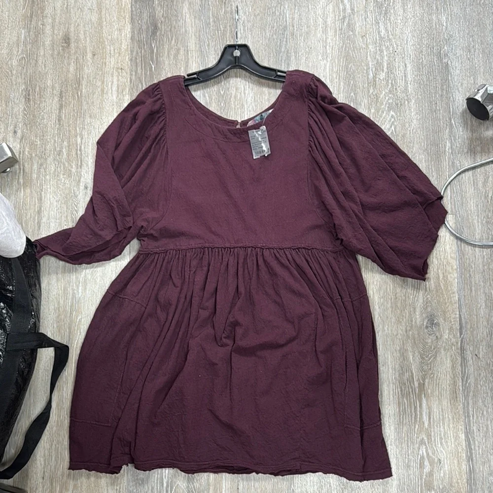 Red Pleated 3/4 Sleeve Swim Coverup